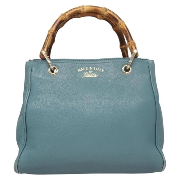GUCCI Bamboo Hand Bag Leather 2way Blue Silver 336032 Auth 121645 - Picture 2 of 16